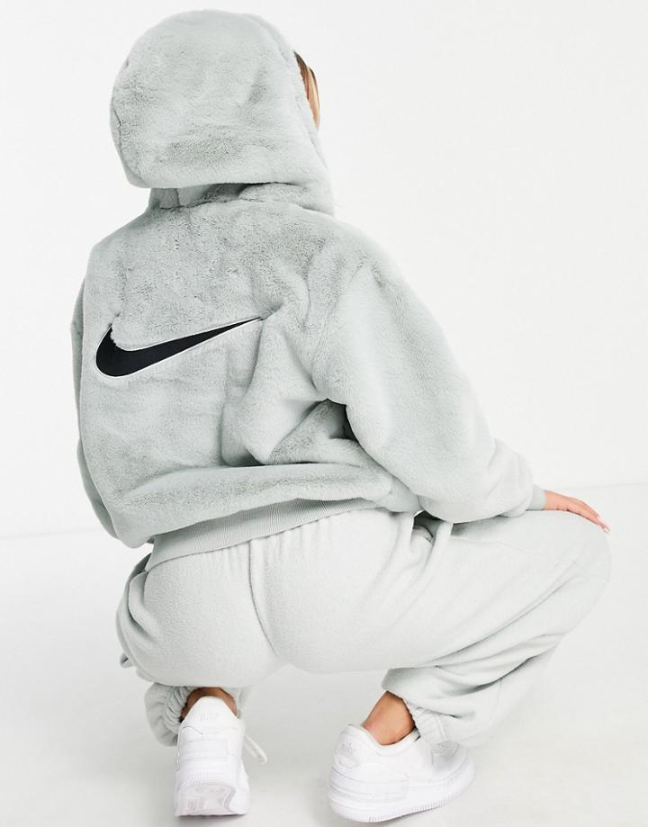 Nike Essentials Faux Fur Hooded Jacket In Gray-grey