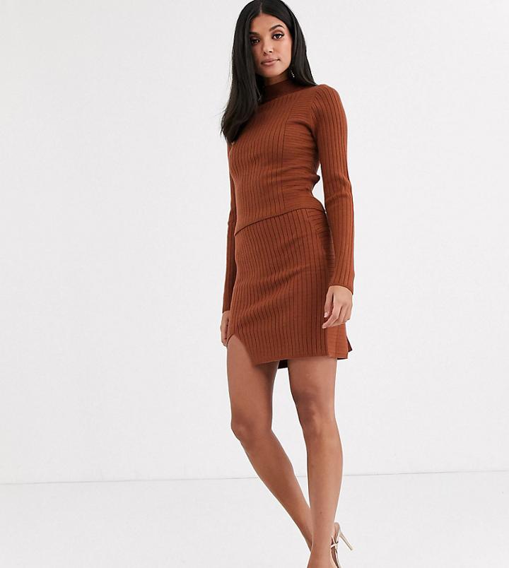Asos Design Tall Two-piece Rib Mini Skirt With Wrap Detail-brown
