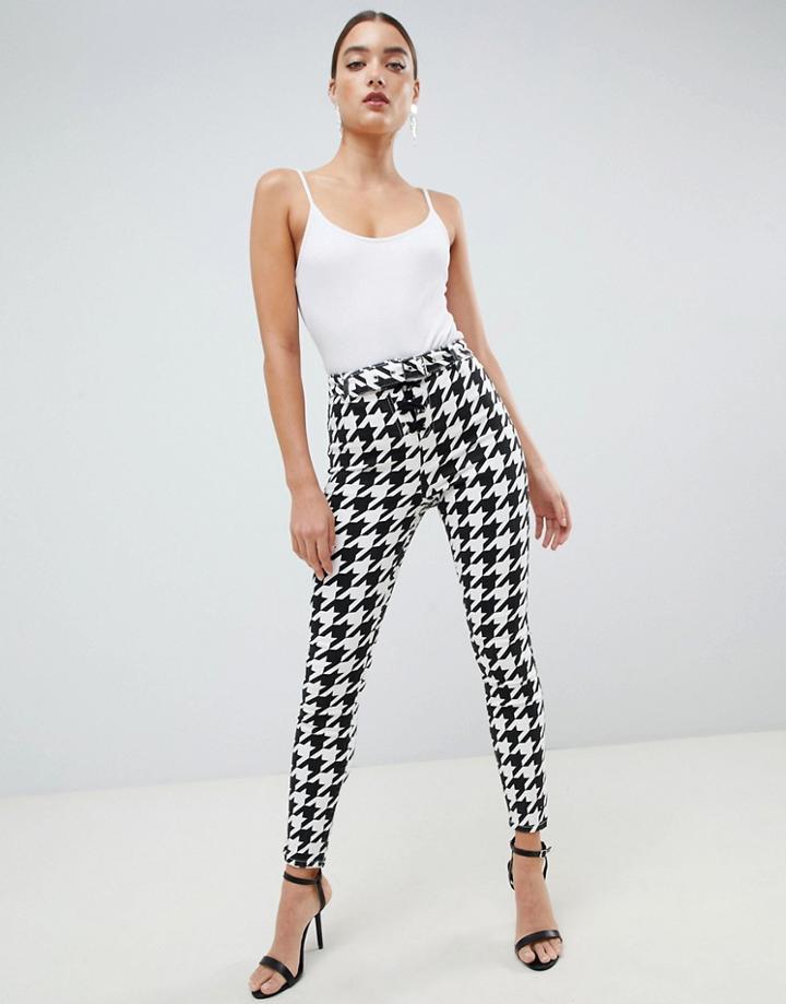 Asos Design Ridley High Waisted Skinny Jeans In Houndstooth Print With Corset Belt Detail - Multi