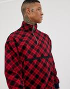 Asos Design Jersey Oversized Sweatshirt With Half Zip In Check - Red