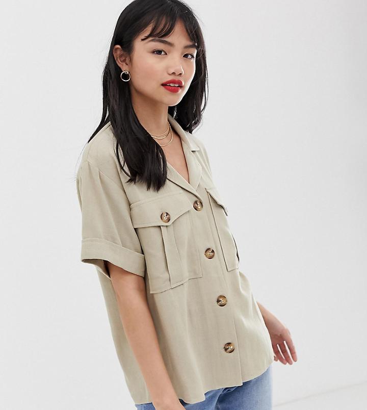 Asos Design Petite Short Sleeve Utility Shirt In Linen Look-stone