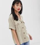 Asos Design Petite Short Sleeve Utility Shirt In Linen Look-stone