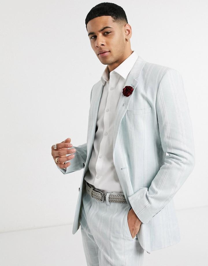 Asos Design Wedding Skinny Suit Jacket In Stretch Cotton Linen In Blue And White Stripe-blues