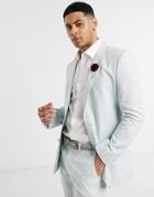 Asos Design Wedding Skinny Suit Jacket In Stretch Cotton Linen In Blue And White Stripe-blues