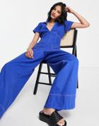 Asos Design Twill Collar Jumpsuit With Wide Leg In Blue