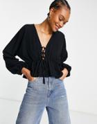 Asos Design Natural Crinkle Lace Up Front Top In Black-multi