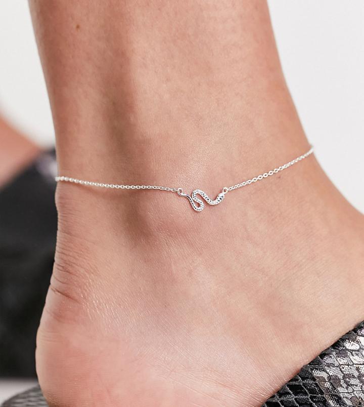 Asos Design Sterling Silver Anklet With Snake