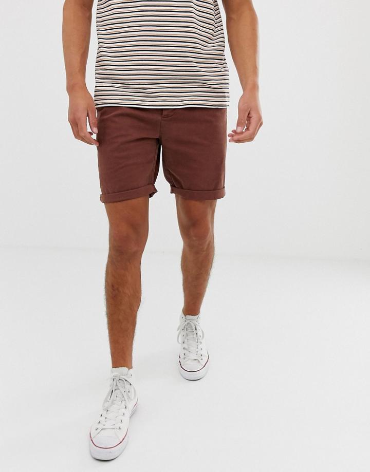 Asos Design Slim Chino Shorts In Washed Brown - Brown