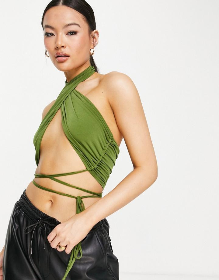 First Distraction The Label Tie Front Halter Crop Top In Olive-green