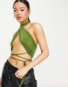 First Distraction The Label Tie Front Halter Crop Top In Olive-green