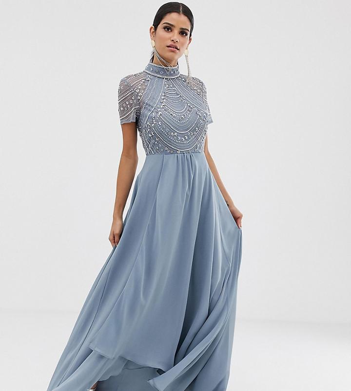 Asos Design Tall Maxi Dress With Short Sleeve Embellished Bodice - Multi