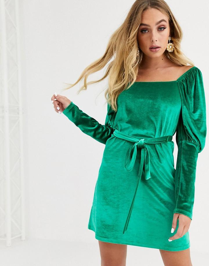 Asos Design Square Neck Puff Sleeve Velvet Mini Dress