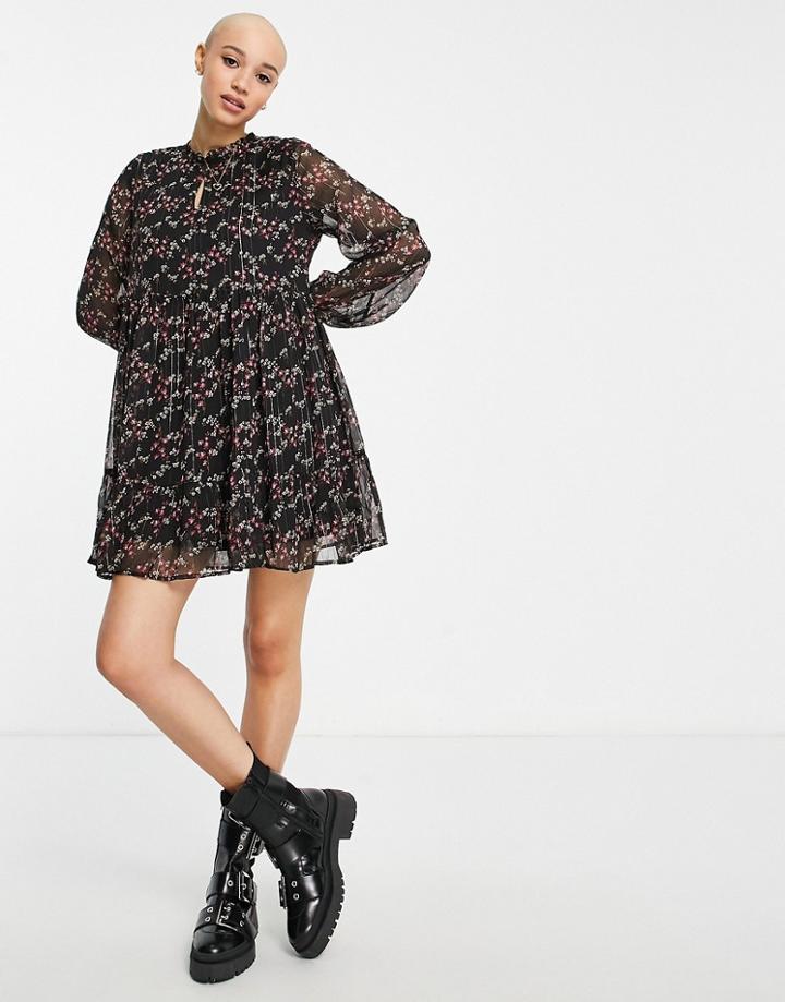 Jdy Sheer Sleeved Mini Dress In Black Floral-multi