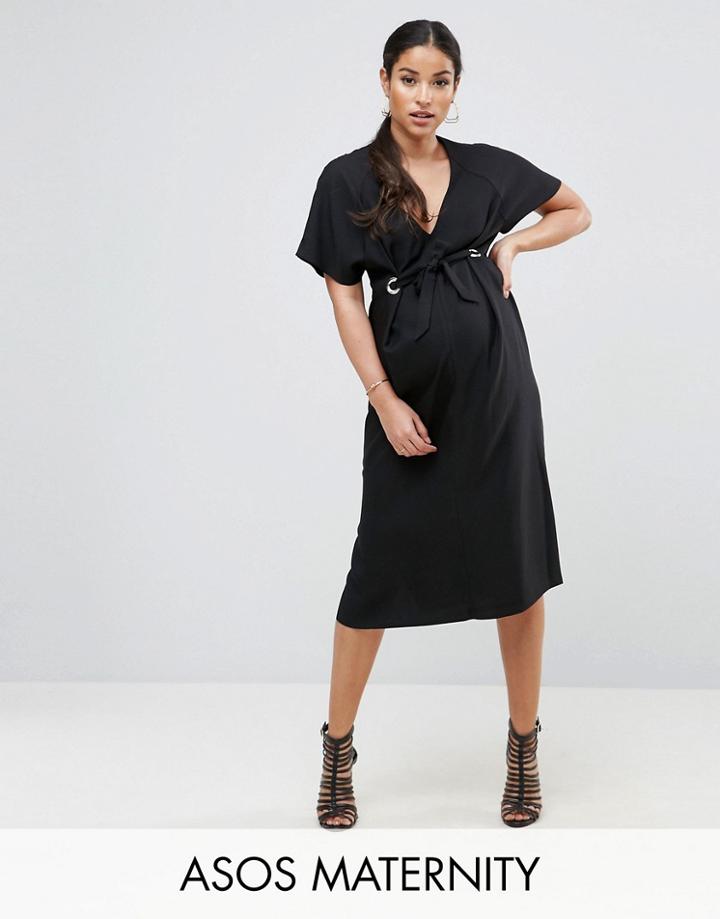 Asos Maternity V Neck Column Midi Dress With Eyelet And Tie - Black