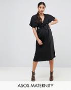 Asos Maternity V Neck Column Midi Dress With Eyelet And Tie - Black
