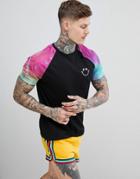 Asos Design Relaxed T-shirt With Tie Dye Raglan Sleeves And Smile Print - Black