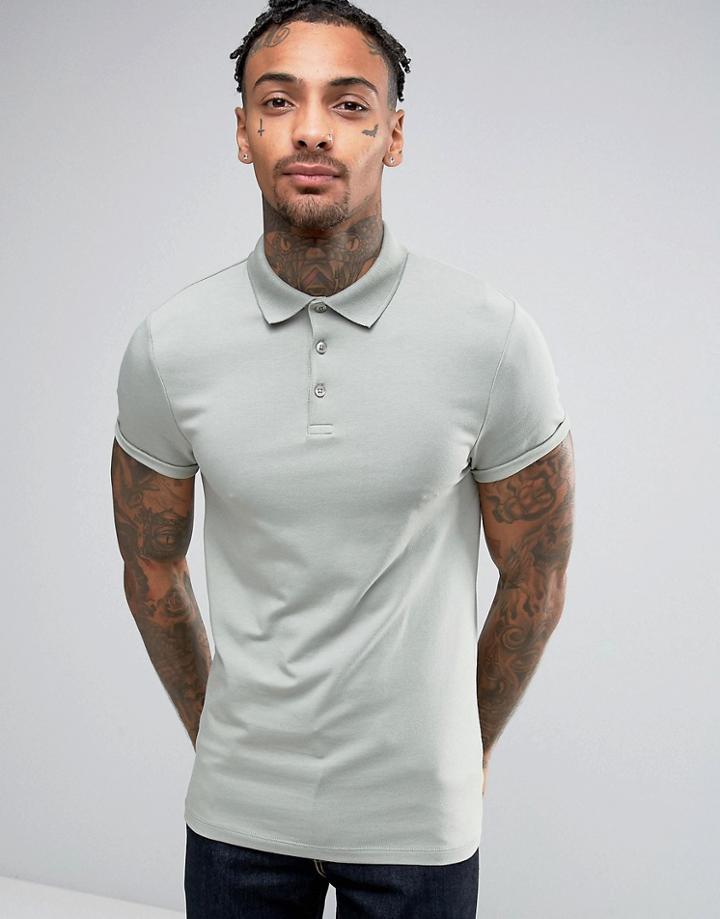 Asos Extreme Muscle Polo Shirt With Roll Sleeve In Green - Green