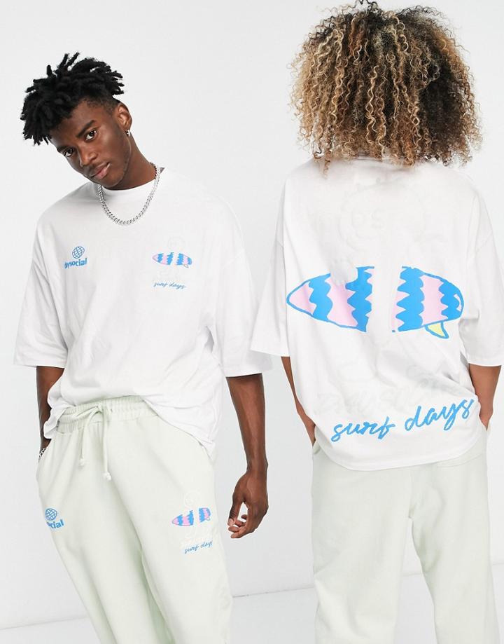 Asos Daysocial Unisex Oversized T-shirt With Multi Surf Graphic Prints In White - Part Of A Set