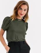River Island Puff Sleeve T-shirt In Khaki