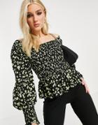 New Look Shirred Square Neck Blouse In Black Floral