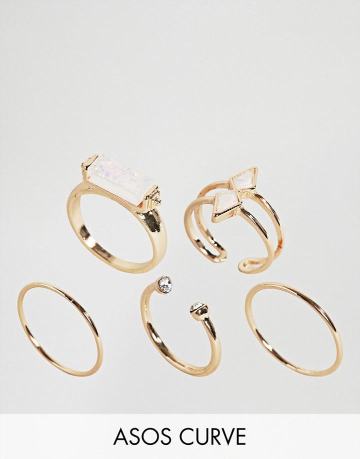Asos Curve Pack Of 5 Faux Opal Rings - Gold
