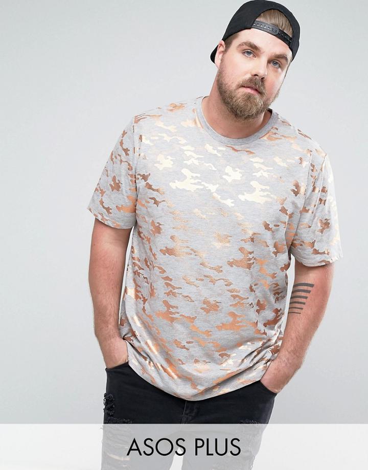 Asos Plus Longline T-shirt In All Over Rose Gold Camo - Gray