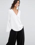 Neon Rose Deep V Top With Fluted Sleeves - White