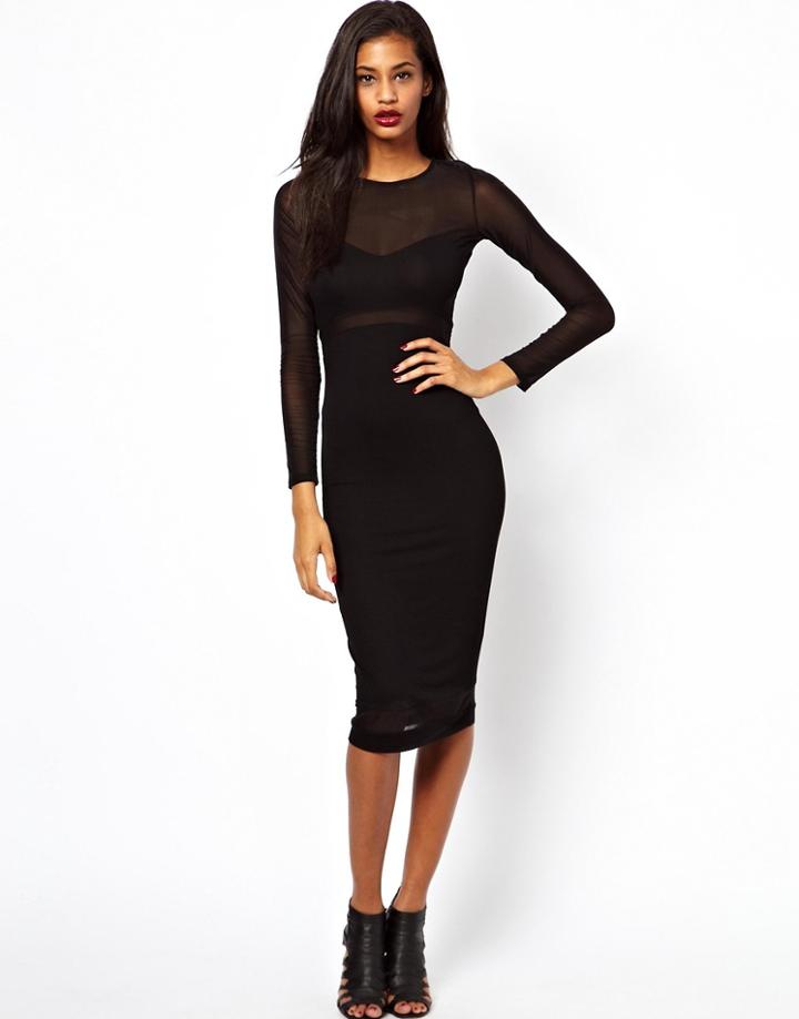 Asos Mesh Cut Out Long Sleeve Midi Dress - Red