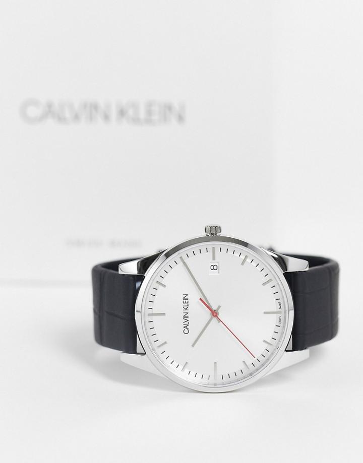 Calvin Klein Textured Leather Strap Watch In Black