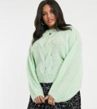 Asos Design Curve Cable Sweater In Lofty Yarn With Volume Sleeve - Green