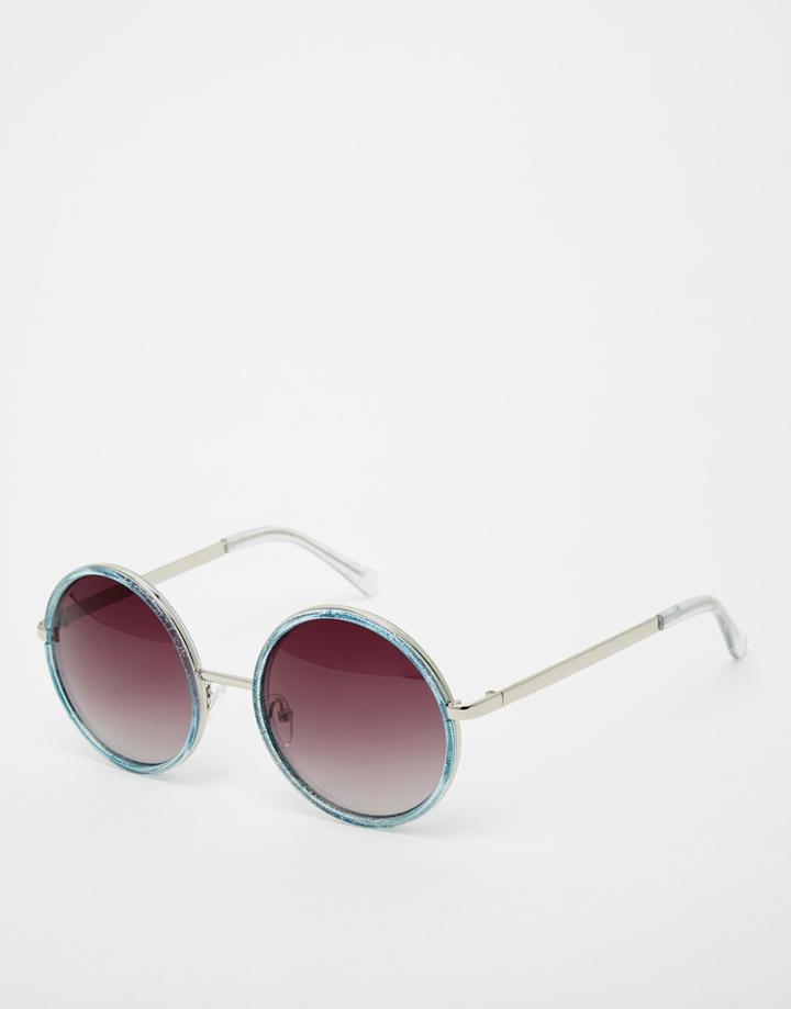 Asos Round Sunglasses With Flat Lens And Metal Nose Bridge - Blue Glitter