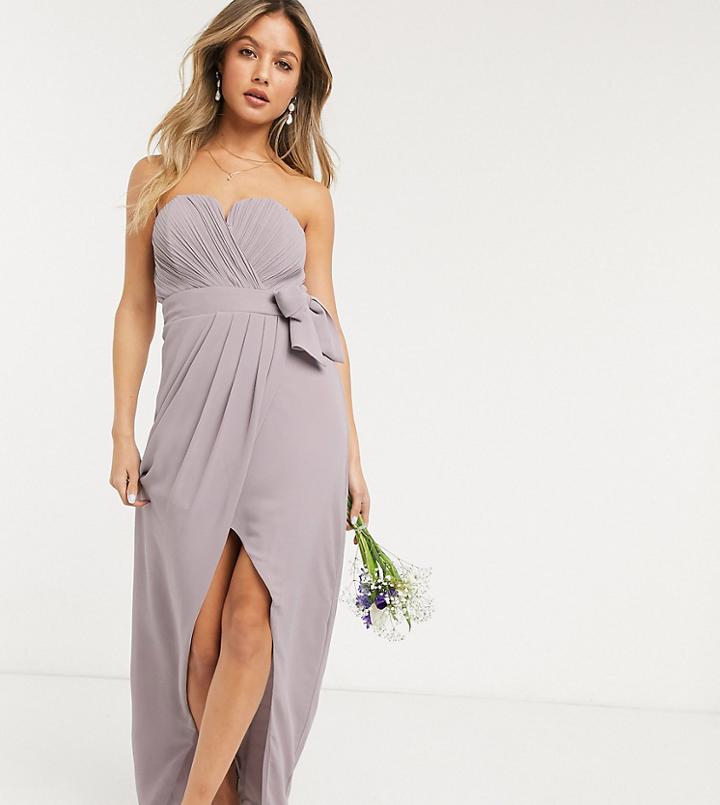 Tfnc Bridesmaid Exclusive Bandeau Wrap Midaxi Dress With Pleated Detail In Gray-grey