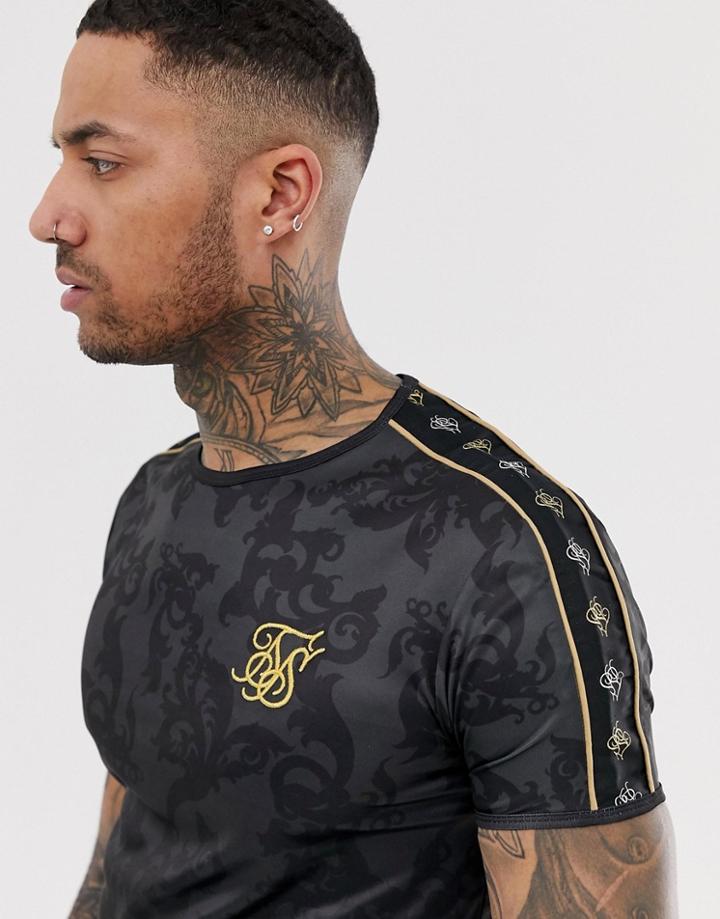 Siksilk T-shirt In Black Print With Side Stripe - Black