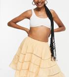 Asos Design Tall Mini Skirt With Lace Insert And Handkerchief Hem In Washed Tan-brown