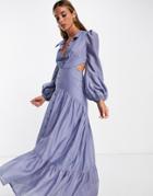 Asos Design Tiered Viole Maxi Dress With Collar And Button Detail In Blue-blues