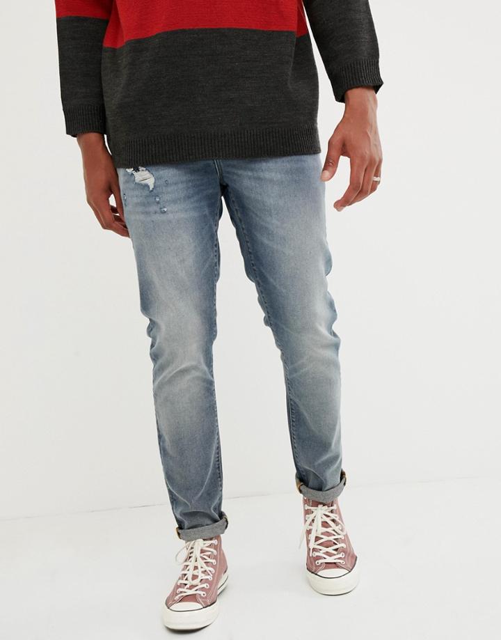 Asos Design 12.5oz Slim Jeans In Smokey Blue With Abrasions - Blue