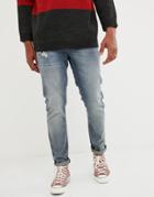 Asos Design 12.5oz Slim Jeans In Smokey Blue With Abrasions - Blue