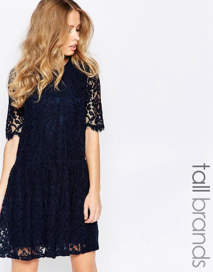 Y.a.s Tall Lace Dress With Drop Waist - Navy