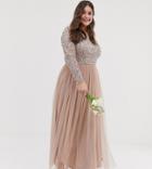 Maya Plus Bridesmaid Long Sleeve Maxi Tulle Dress With Tonal Delicate Sequins In Taupe Blush - Brown