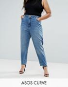Asos Curve Authentic Rigid Mom Jeans In Mid Wash With Stirrup Hem - Blue
