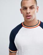 Asos Design Raglan T-shirt In Wide Rib With Contrast Sleeves And Rainbow Tipping - White