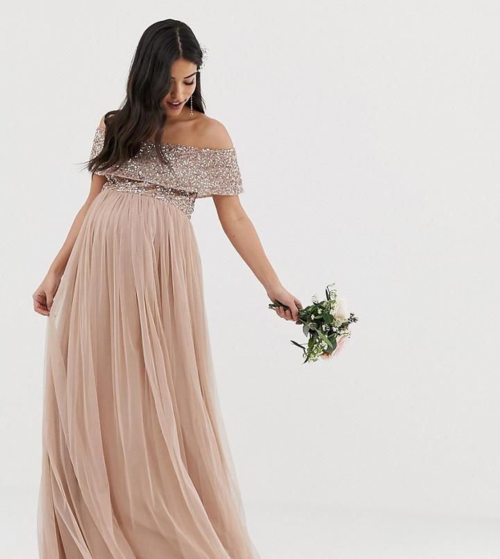 Maya Maternity Bridesmaid Bardot Maxi Tulle Dress With Tonal Delicate Sequins In Taupe Blush-brown