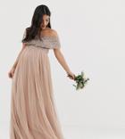 Maya Maternity Bridesmaid Bardot Maxi Tulle Dress With Tonal Delicate Sequins In Taupe Blush-brown