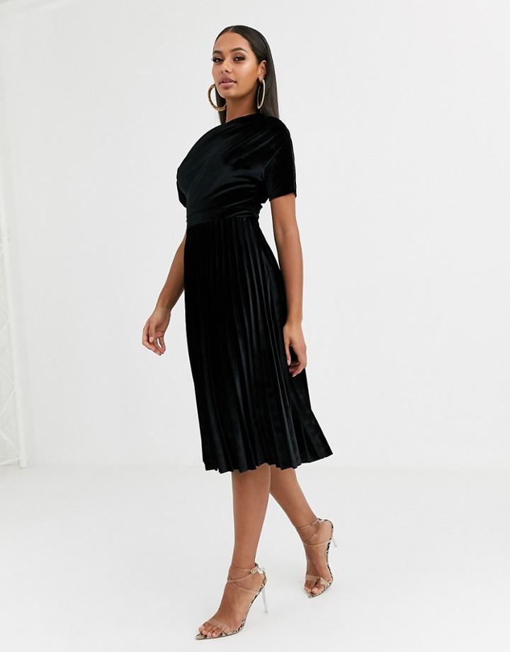 Asos Design Fallen Ruched Shoulder Pleated Midi Dress In Velvet-black