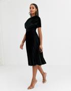 Asos Design Fallen Ruched Shoulder Pleated Midi Dress In Velvet-black