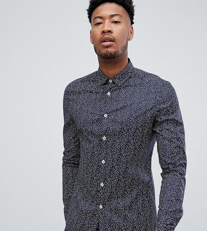 Asos Design Tall Slim Stretch Smart Ditsy Line Shirt - Navy