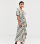 Asos Design Petite V Neck Midi Dress With Pleated Skirt And Belt In Snake Print - Multi