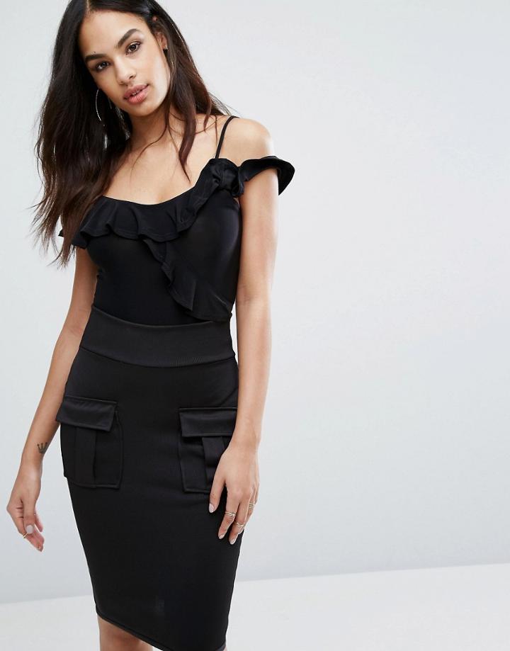 Club L Cami Strap Slinky Ruffle Detailed Body - Black