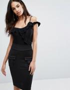 Club L Cami Strap Slinky Ruffle Detailed Body - Black