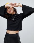 Na-kd High Neck Frill Detail Jersey Top In Black - Black